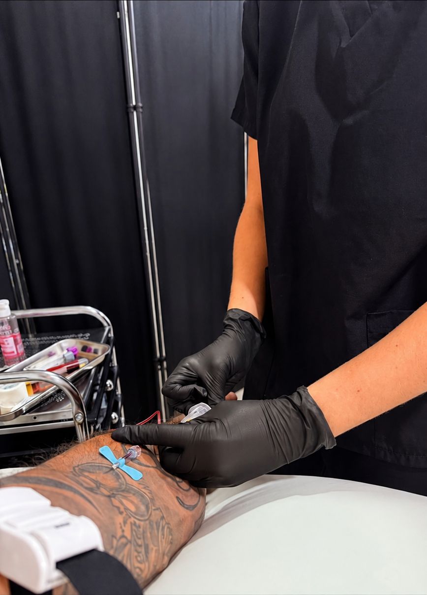 A close-up of a professional blood draw being carried out at Barnsley Bloodworks